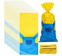 100 Pcs Yellow Cartoon Party Gift Bags, Yellow and Blue Denim Overalls Goodie Bag Cellophane Candy Treat Bags with Twist Ties for Birthday Party Favors Supplies