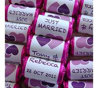 100 Personalised Double Heart Purple Lilac MINI Love Hearts Sweets - JUST Married MR and MRS