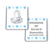 100 Personalised Wedding Milk Chocolate Squares Favours Diamond Rings Baby Blue Hearts - JUST Married