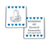 100 Personalised Wedding Milk Chocolate Squares Favours Diamond Rings Blue Hearts - JUST Married