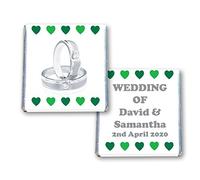 100 Personalised Wedding Milk Chocolate Squares Favours Diamond Rings Green Hearts - JUST Married