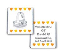100 PERSONALISED WEDDING MILK CHOCOLATE SQUARES FAVOURS DIAMOND RINGS ORANGE HEARTS - JUST MARRIED