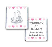 100 PERSONALISED WEDDING MILK CHOCOLATE SQUARES FAVOURS DIAMOND RINGS PINK HEARTS - JUST MARRIED