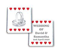 100 PERSONALISED WEDDING MILK CHOCOLATE SQUARES FAVOURS DIAMOND RINGS RED HEARTS - JUST MARRIED
