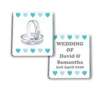 100 PERSONALISED WEDDING MILK CHOCOLATE SQUARES FAVOURS DIAMOND RINGS TURQUOISE HEARTS - JUST MARRIED