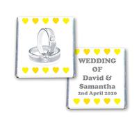 100 Personalised Wedding Milk Chocolate Squares Favours Diamond Rings Yellow Hearts - JUST Married
