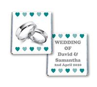 100 Personalised Wedding Milk Chocolate Squares Favours Silver Rings Aqua Hearts - JUST Married