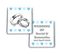 100 Personalised Wedding Milk Chocolate Squares Favours Silver Rings Baby Blue Hearts - JUST Married