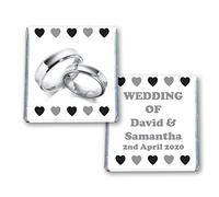 100 Personalised Wedding Milk Chocolate Squares Favours Silver Rings Black Hearts - JUST Married