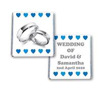 100 Personalised Wedding Milk Chocolate Squares Favours Silver Rings Blue Hearts - JUST Married