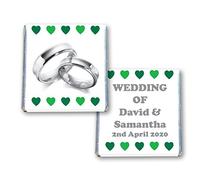 100 PERSONALISED WEDDING MILK CHOCOLATE SQUARES FAVOURS SILVER RINGS GREEN HEARTS - JUST MARRIED