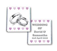 100 Personalised Wedding Milk Chocolate Squares Favours Silver Rings Lilac Hearts - JUST Married