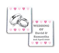 100 Personalised Wedding Milk Chocolate Squares Favours Silver Rings Pink Hearts - JUST Married