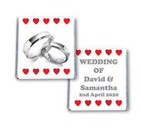 100 Personalised Wedding Milk Chocolate Squares Favours Silver Rings RED Hearts - JUST Married