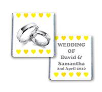 100 Personalised Wedding Milk Chocolate Squares Favours Silver Rings Yellow Hearts - JUST Married