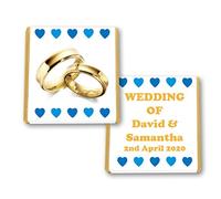 100 Personalised Wedding Milk Mint Chocolate Squares Favours Gold Rings Blue Hearts - JUST Married