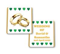 100 Personalised Wedding Milk Mint Chocolate Squares Favours Gold Rings Green Hearts - JUST Married