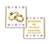 100 Personalised Wedding Milk Mint Chocolate Squares Favours Gold Rings Lilac Hearts - JUST Married