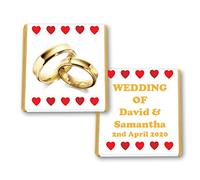 100 Personalised Wedding Milk Mint Chocolate Squares Favours Gold Rings RED Hearts - JUST Married