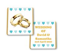 100 Personalised Wedding Milk Mint Chocolate Squares Favours Gold Rings Turquoise Hearts - JUST Married
