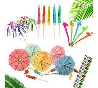 100 Piece Cocktail Party Decoration Drinks Accessory Pack with Reusable Umbrellas, Sparkle Fireworks, Stirrers and Biodegradable Straws