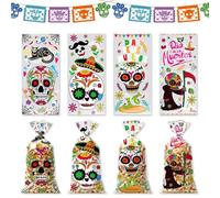 100-Piece Day of the Dead Cellophane Bags - Sugar Skull & Flower Designs, Clear Cookie Candy Bags for Halloween & Dia de los Muertos Party Favors