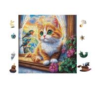 100 Piece Jigsaw Puzzle for Adults Cat at The Window with Flowers 28x28cm High Difficulty Puzzle for Advanced Players Great for Skill Training Challenge Yourself Gift