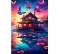 100 Piece Jigsaw Puzzles for Adults Lake Cottage Butterfly Puzzle Fun Challenges Perfect for Relaxation Letter Printed on Back Interlock Perfectly No Dust for Men Women Elders Seniors 15.6 x 11 inch