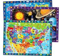 100 Piece Jigsaw Puzzles for Kids 3 4 5 Year Olds - Set of 2 Floor Puzzles with Space and World Map - Educational Toys for Boys and Girls Age 6 7 8 - Present Game for Children 5-8 yo
