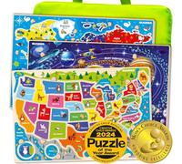 100 Piece Jigsaw Puzzles for Kids 3 4 5 Year Olds - Set of 3 Floor Puzzle to Learn World Map of Europe and Space - Educational Toys for Boys and Girls Age 6 7 8 - Present Game for Children 5-8 yo