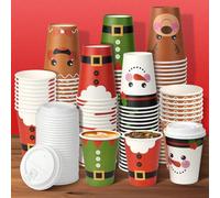 100 Pieces 12 oz Christmas Paper Cups with Lids, Xmas Disposable Coffee Tea for Drinks Cold Beverage Hot Cocoa Chocolate Drinking, Elf Santa Snowman Gingerbread Elk Cup Decorations (WS23014)