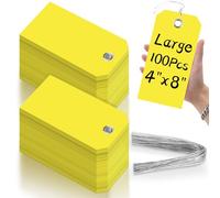 100 Pieces 4x8 inch Large Yellow Plastic Tags with Wires Heavy Duty Waterproof Shipping Tags with String Writable Blank Hang Tags with Reinforced Holes for Luggage Garage Inventory Car Parts