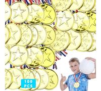 100 Pieces Children's Toy Medals, Gold Medals for Children, Gold Medals with Tricolour Nylon Ribbon, Metal Award Medals for Football Parties Boys Children