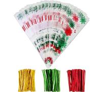 100 Pieces Christmas Cone Bags Snowflake Treat Bags Goodies Clear Cellophane Bags with 150 Pieces Twist Ties for Christmas Candy Cookie Storage, 6.4 x 15.2 Inches
