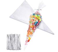 100 Pieces Christmas Medium Transparent Cone Bags Clear Cello Bags Sweets Treat Bags with 100 Pieces Twist Ties, 11.8 by 6.3 Inch (Silver Twist Ties)