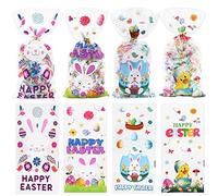 100 Pieces Easter Cellophane Bags for Kids, 4 Assorted Styles Easter Egg Bunny Chick Flowers Printed Candy Treat Goodie Bags with Twisted Ties for School Lunches, Homemade Easter Party Favor Supplies
