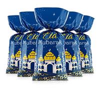 100 Pieces Eid Mubarak Party Treat Bags, Blue Gold Ramadan Theme Printed Pattern Gift Bags Cellophane Clear Plastic Goodie Favor Bags with 100 Silver Twist Ties for Eid Mubarak Party Decoration