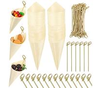 100 Pieces Food Cones Wood Tasting Cones with 100 Pieces Bamboo Cocktail Picks, Disposable Wood Cones Appetizer Finger Foods Ice Cream Holder for Food and Home Parties Catered Events Buffets