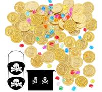 100 Pieces Pirate Treasure Coins and Gems, Pirate Gems Jewelry Play set with 2 Storage Bag and 2 Pirate Eyepatch, Pirate Treasure Kids Set with 80 Gold Coins and 160 Gems for Kids Birthday Party