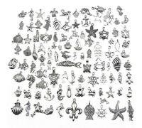 100 Pieces Sea Animals Theme Mix Antique Silver Charm Tibetan Silver Plated Silver Pendant Collection DIY Jewelry Supply for Necklace Bracelet Dangle Jewelry Making and Crafting
