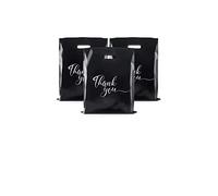 100 Pieces Thank You Merchandise Bags 15.7 x 11.8 Inch Black Reusable Shopping Bags Plastic Goodie Bags Die Cut Handles Present Bags for Small Business Boutique Packaging Clothes Book Grocery Goods