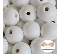 100 Pieces White Wood Beads with 5mm Hole, Round Loose Beads Polish Spacer Beads Bulk with 10m Jute Twine for Farmhouse Beaded Necklace Bracelet Jewelry Making - 20mm