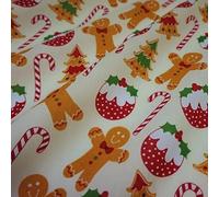 100% Polycotton Christmas Fabric - Gingerbread Men Candy Canes Hats Stars Hearts Puddings Tress (Per Metre) - Sewing Quilting Dress Fabric - Simply Sew Crafty™ (Gingerbread - Cream)