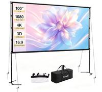 100" Projector Screen with Stand - 4K, 16:9, Freestanding | Freestanding metal stand, includes stakes & guy ropes. Wrinkle-free 4K matte PVC, 160° view. Fits car boot for garden cinema.