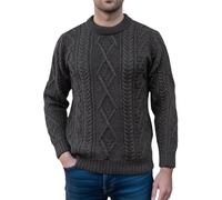 100% Pure British Wool Jumper for Men - Made in the UK - Cable Knit, Crew Neck warm Arran Jumper - Heavy Knit Pullover - Round Neck Winter Sweater - Charcoal colour, size L - Gifts for Men