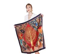 100% Pure Mulberry Silk Scarf 43" Large Square Lightweight Headscarf& Shawl-Women Hair Wraps-With Gift Packed, Navy Plant World, L