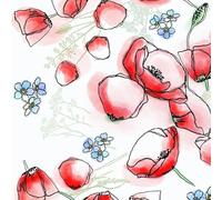 100% Pure Mulberry Silk Wild Poppies ? White and Red, Silk Crepe de Chine, Per Metre Printed Fabric