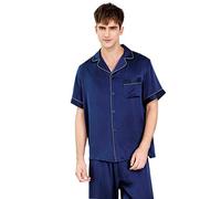 100 Pure Silk Short Sleeve Pyjamas for Men Set Sleepwear Pyjama Set Pure Mulberry Nightwear Loungewear Pjs,Blue,XXL
