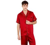 100 Pure Silk Short Sleeve Pyjamas for Men Set Sleepwear Pyjama Set Pure Mulberry Nightwear Loungewear Pjs,Red,XXL
