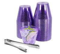 100 Purple Glitter Plastic Cups and 1 Silver Ice Tong Set - 9 Ounce Disposable Cocktail Glasses - Plastic Wine Cups - Purple Party Decorations - Purple Party Supplies